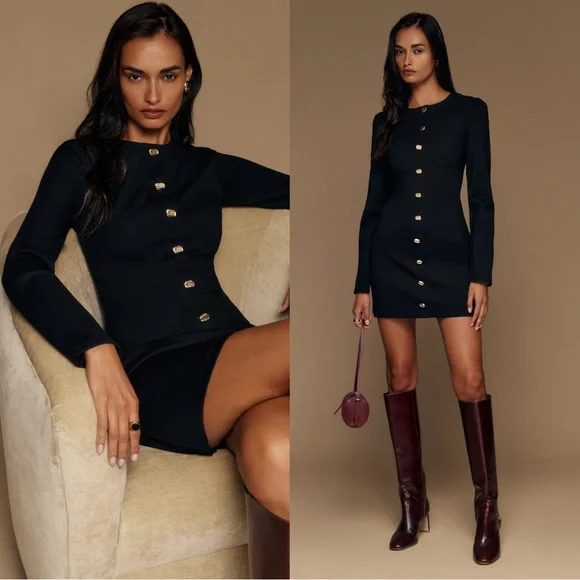 Reformation Micah Knit Dress Black Long Sleeve Dress with Gold Buttons - Picture 1 of 11